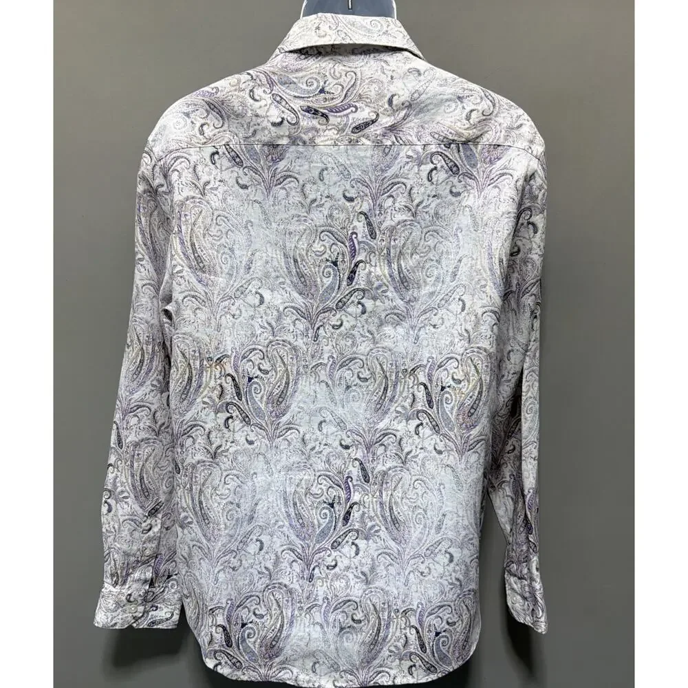 Tasso Elba Medium Button Down Paisley Purple Long Sleeve Shirt 100% Linen - Picture 5 of 9